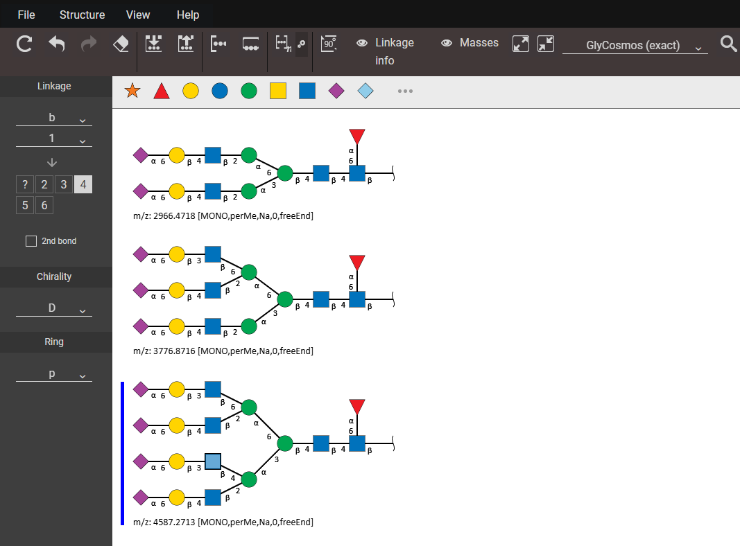 二本鎖、三本鎖、四本鎖の複合型N型糖鎖。三本鎖と四本鎖の構造は登録されていない